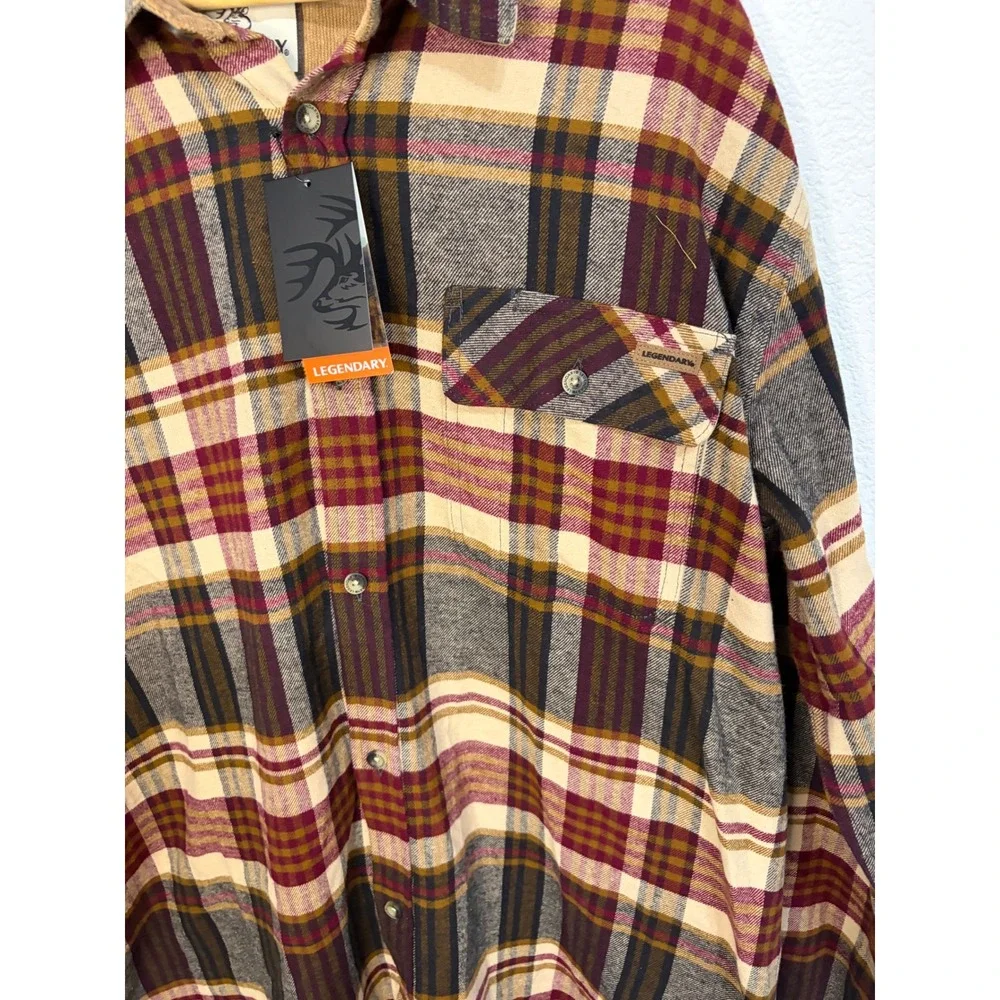 Legendary Whitetails Mens Buck Camp Flannel Shirt Plaid Burgundy Tan XLT New